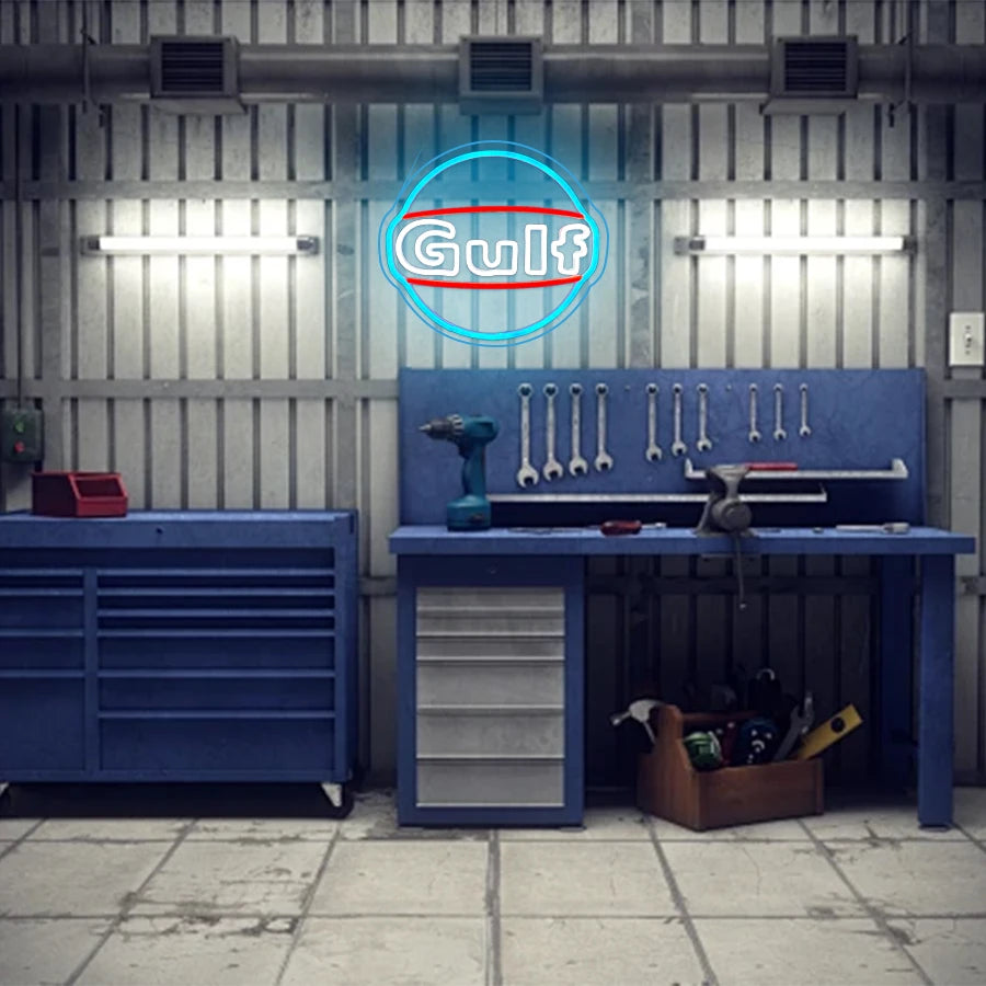 ⛽ Ikonický LED Neon Gulf: Retro Vibe pro Vaši Garáž