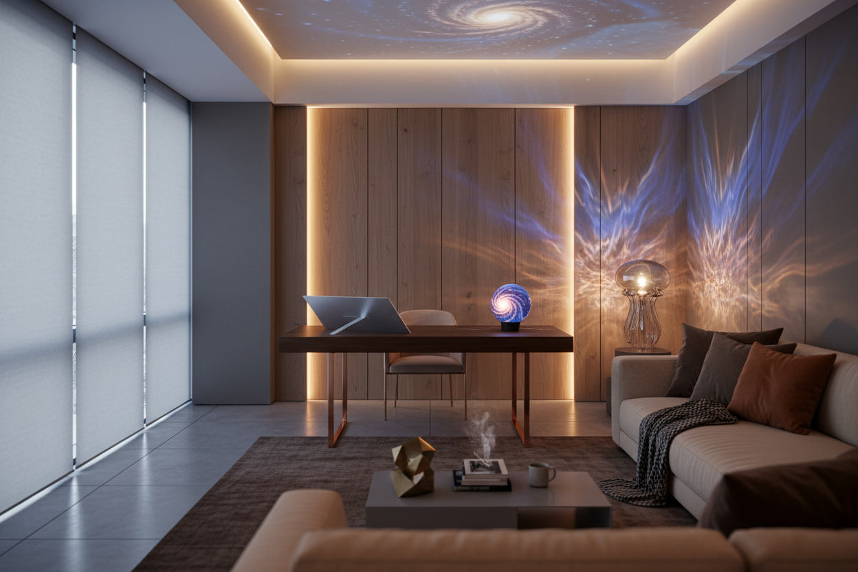 Vytvoř moderní, minimalistický interiér, ideálně kancelářský nebo obývací prostor s prémiovými materiály (dřevo, kov). Atmosféra by měla být podzimní nebo zimní, útulná, ale ne přesvětlená. Pozadí nesmí být příliš chaotické. Důležité prvky, které chci zahrnout:

1.  **Ambientní osvětlení:** Jemná, teplá záře LED světel nebo dekorativní lampy (např. v náznaku Medúza lampa nebo Galaxie projektor), která se odráží na stěnách.
2.  **Futuristický nádech:** Stůl s moderními, čistými liniemi, kde je naznačen prost